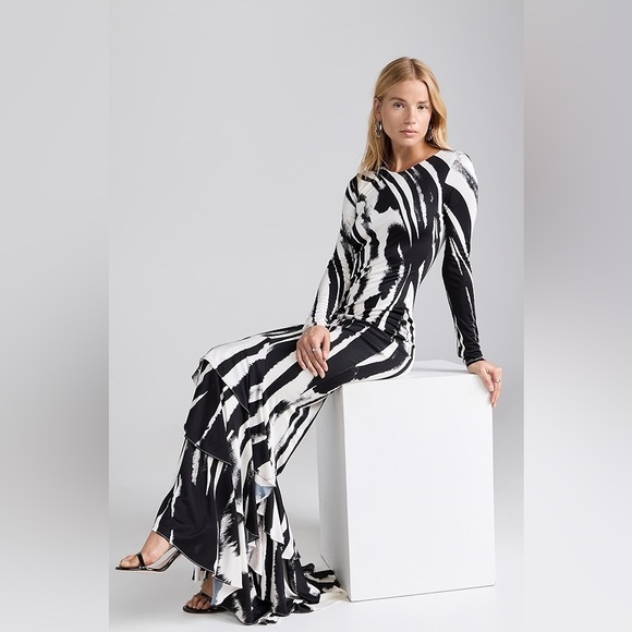 NEW Retrofete Sara Dress in Zebra Ink Open Back Ruffle Mermaid Hem Maxi Gown - Picture 3 of 14